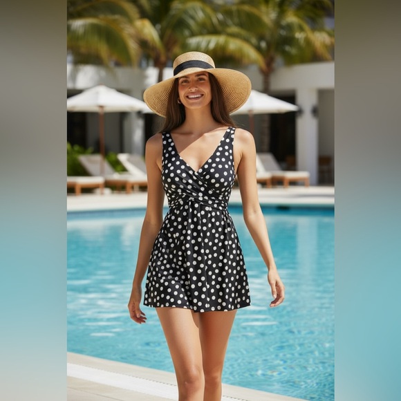 Lands' End Black and White One Piece Swimwear with Polka Dots - Picture 2 of 7